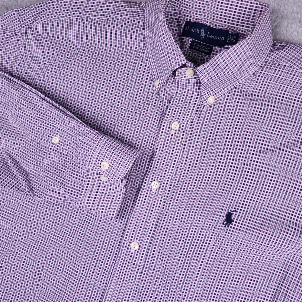 Ralph Lauren Yarmouth Button Down Mens 17.5 Purple‎ Plaid Pony Logo Long Sleeve